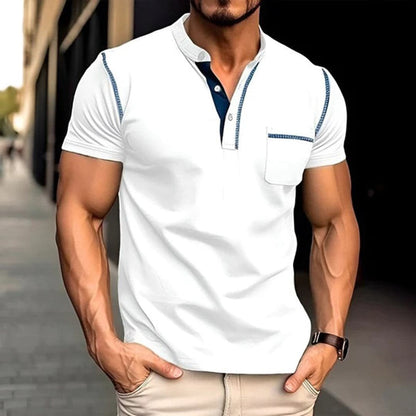 Herr Henley-tröja – Kort ärm – Knappslå med tre knappar – Bröstficka – Slim Fit