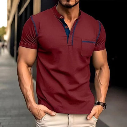 Herr Henley-tröja – Kort ärm – Knappslå med tre knappar – Bröstficka – Slim Fit