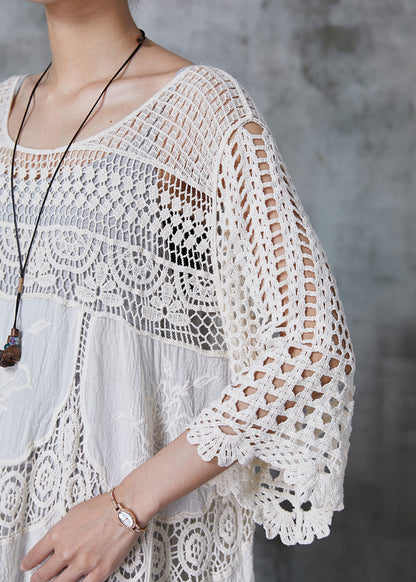 Damklänning – Hellång – Oversize Passform – Hålmönstrad Spets – Lyxig Tygstruktur