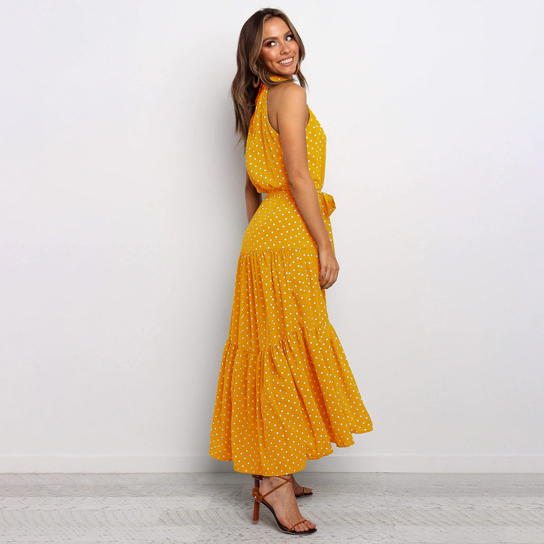 Dam Klänning - Halterneck Polka Dot - Figursydd Midja - Flödande Midi Modell