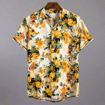 Herrskjorta - Kortärmad - Mandarin Krage - Blommigt Mönster - Avslappnad Passform