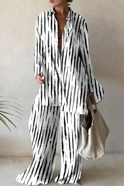 Dams Set – Oversized Skjorta & Vida Byxor – Abstrakt Mönster – Luftigt & Bekvämt