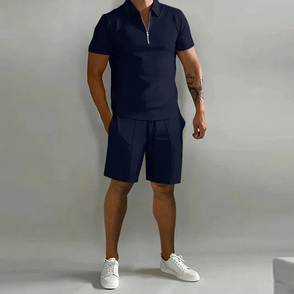 Herrset med piké och shorts – Slim Fit topp – Avslappnad passform – Andningsbar mix – Dragkedjekrage – Dragsko i midjan