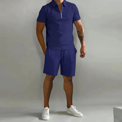 Herr Set med Skjorta och Shorts – Klassisk Passform – Andningsbart Tyg – Dragkedjekrage – Kort Ärm