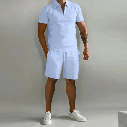 Herr Set med Skjorta och Shorts – Klassisk Passform – Andningsbart Tyg – Dragkedjekrage – Kort Ärm