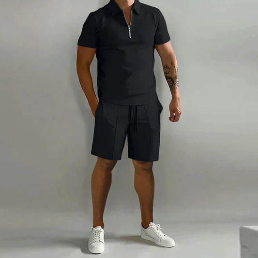 Herrset med piké och shorts – Slim Fit topp – Avslappnad passform – Andningsbar mix – Dragkedjekrage – Dragsko i midjan