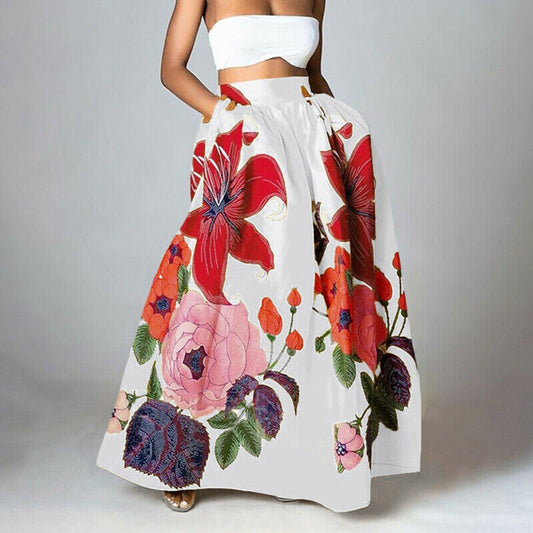 Dam Maxi Kjol - Blommigt Mönster - Hög Midja - Flödande Elegant Passform