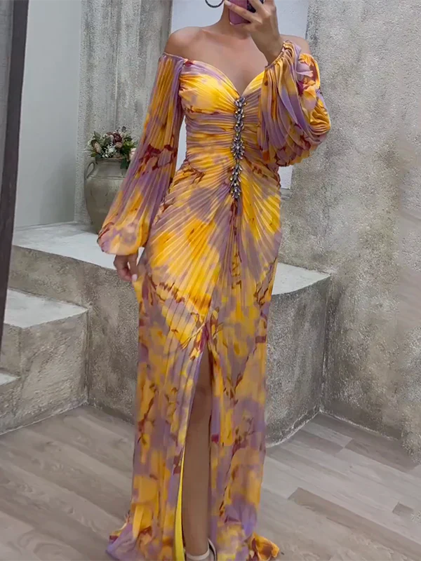Klänning för dam – Off shoulder – V-ringning – Rynkad överdel – Lång – Flödande ärmar