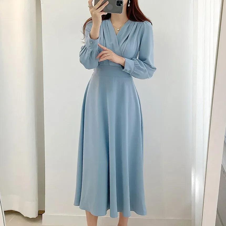 Klänning för Dam - Långärmad Maxi - V-ringning Omlottdesign - Elegant Midjeband