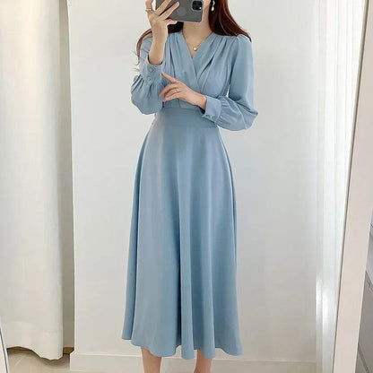 Klänning för Dam - Långärmad Maxi - V-ringning Omlottdesign - Elegant Midjeband