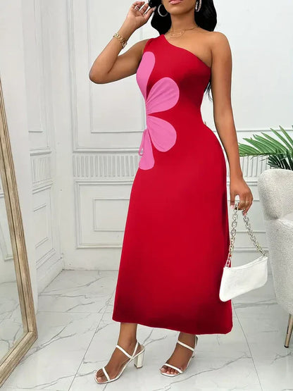 Dam Klänning - One-Shoulder Maxi - Blommigt Motiv - Ärm lös Elegant Design