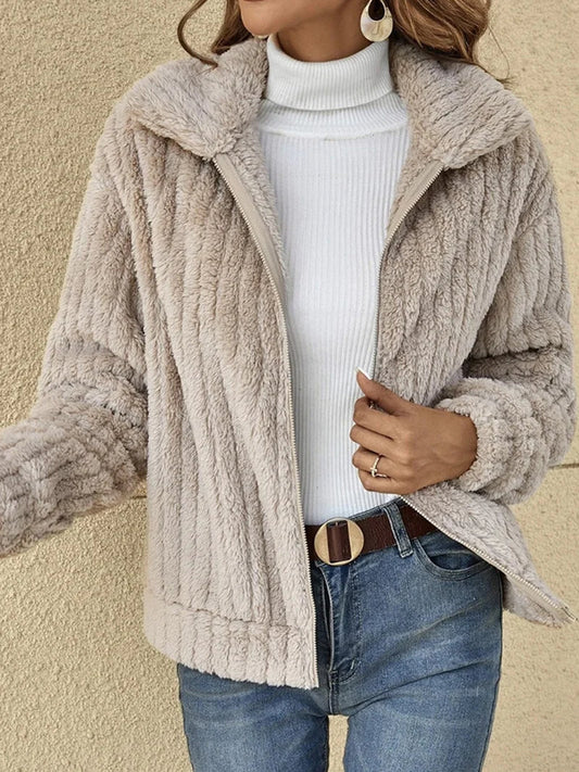 Dam Jacka – Fleece – Ribbad Textur – Avslappnad Passform – Kort Modell – Dragkedja