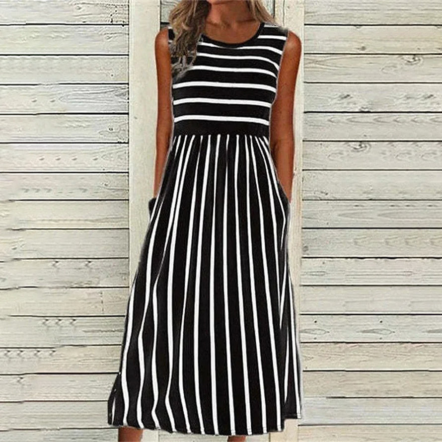 Damklänning midi – Avslappnad passform – Randigt mönster – Naturfiberblandning