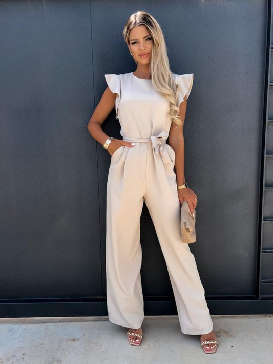 Damjumpsuit - Ärmlös - Knytband i midjan - Korta volangärmar