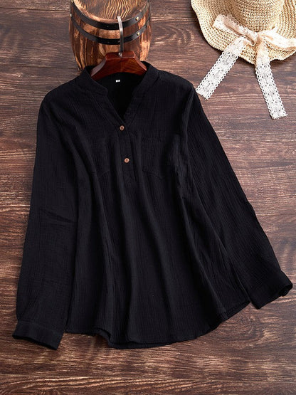 Textured Long Sleeve Blouse with Split Neck and Relaxed Fit