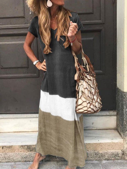 Damklänning Maxi – Avslappnad Passform – Kort Ärm – V-Ringning – Randig Patchwork – Andningsbar Textil