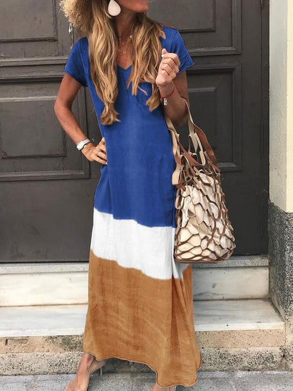 Damklänning Maxi – Avslappnad Passform – Kort Ärm – V-Ringning – Randig Patchwork – Andningsbar Textil