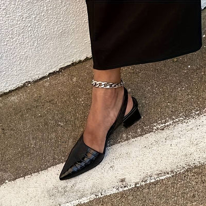 Dam Slingback-klackar – Krokopräglad Yta – Spetsig Tå – Mellanhög Blockklack – Elegant Passform
