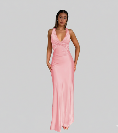 Damklänning - Satin Maxi - Djup V-ringning - Rygglös Rosettdesign