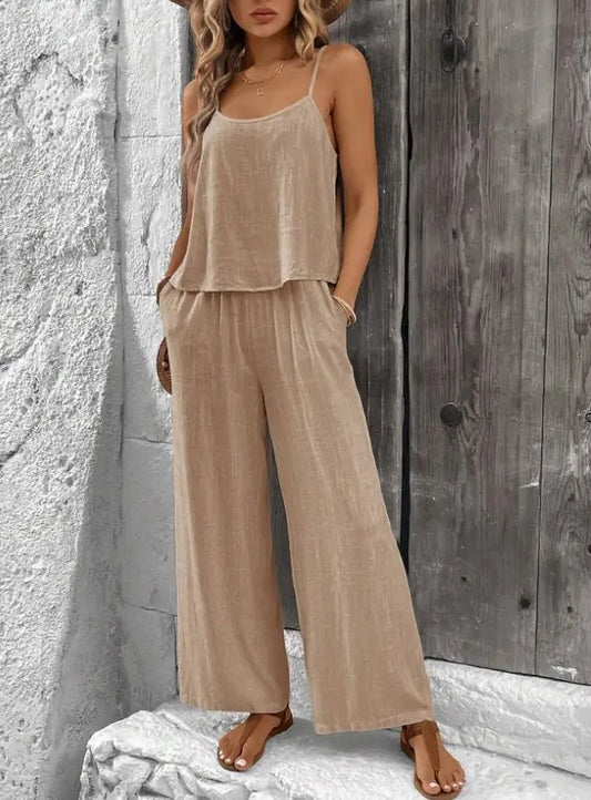 Damset i två delar - Vida byxor - Topp med axelband