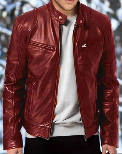 Herr Skinnjacka - Biker Modell - Slim Fit - Dragkedjor & Ståkrage - Flera Fickor
