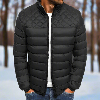 Herr Pufferjacka - Vadderad Quiltad Design - Slim Fit - Hög Krage - Dragkedja