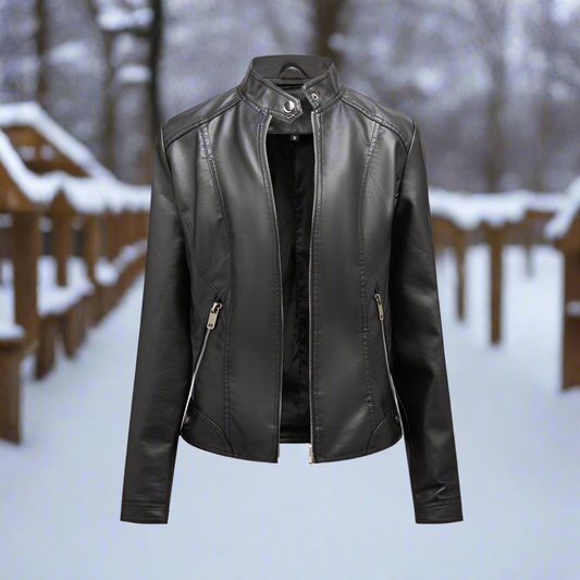 Damjacka i läder – Slim Fit – Ståkrage – Dragkedja – Bikerstil – Zippade fickor