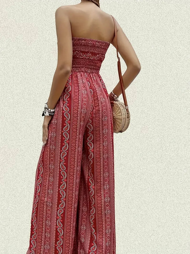 Dam Jumpsuit - Smockad Överdel - Vida Ben - Bohemisk Stil - Lättviktsmaterial