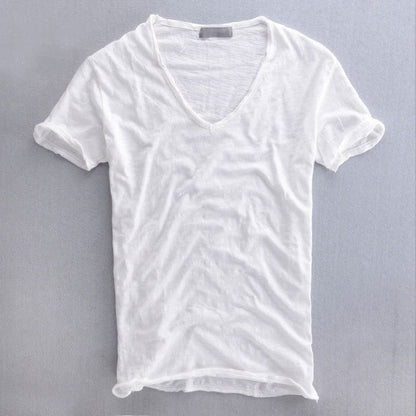 Herr T-shirt – V-ringning – Mjukstickad – Normal passform – Kort ärm – Naturliga fibrer