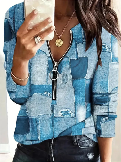 Dam Blus - Patchwork Denim - Hellång Ärm - Trendig med Dragkedja