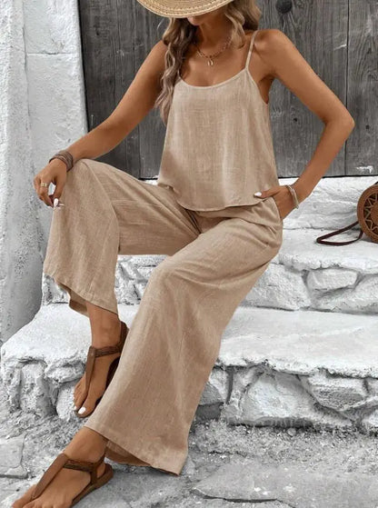 Damset i två delar - Vida byxor - Topp med axelband