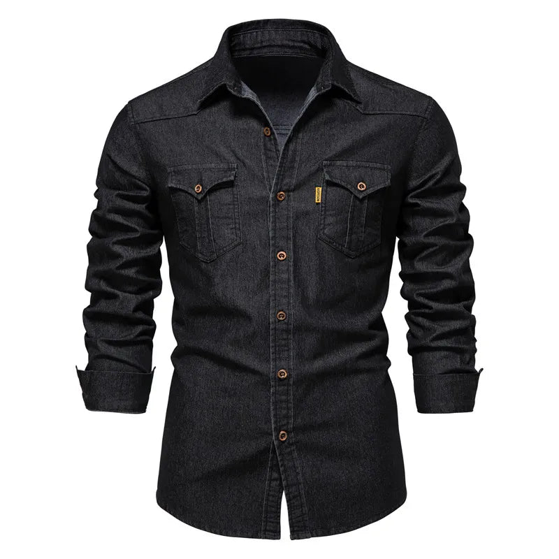 Herrskjorta - Denim - Knappar framtill - Bröstfickor - Klassisk krage