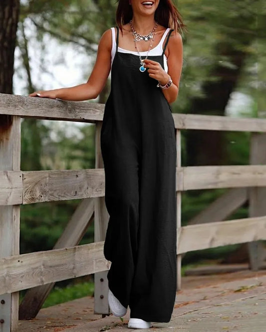Dam Jumpsuit - Bred Passform - Ankellång - Tunnaxlad med Fickor - Avslappnad Stil