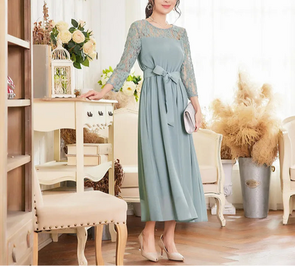 Elegant damklänning - Spetsärmdetalj - Midjeband - Midilängd
