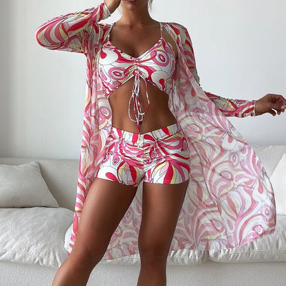 Dam Bikini Set – V-ringad Topp – Justerbar Knytning – Hög Midja – Långt Transparent Omslag