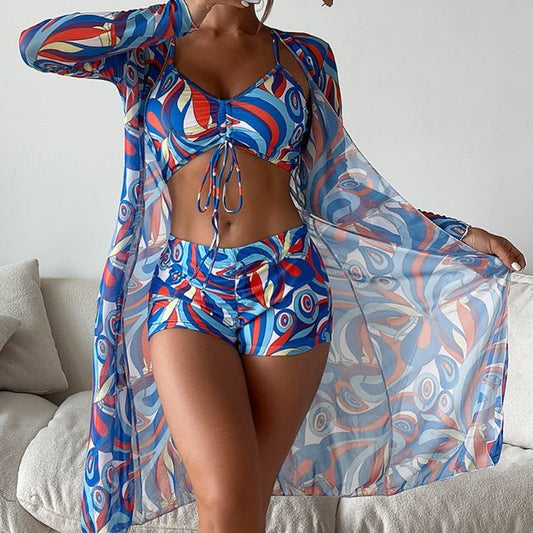 Dam Bikini Set – V-ringad Topp – Justerbar Knytning – Hög Midja – Långt Transparent Omslag