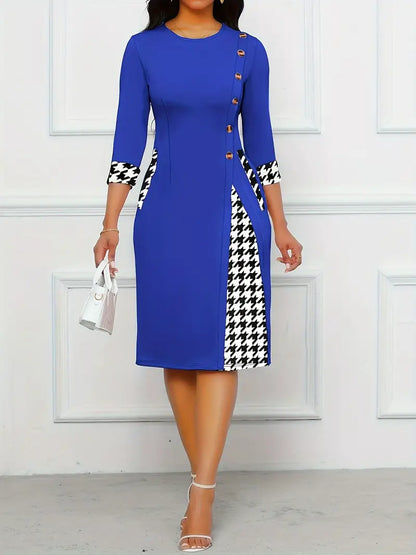 Klänning för Dam - Knälång Bodycon - Rund Hals - Trettondelsärm - Houndstooth Detaljer - Eleganta Knappar
