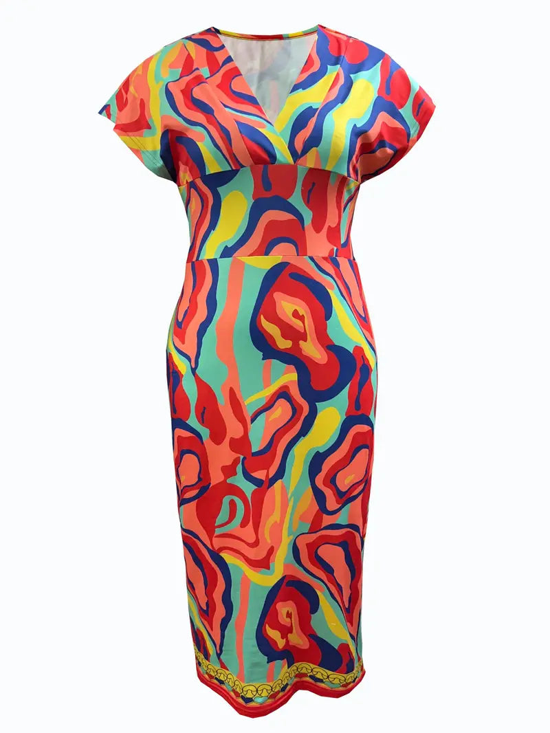 Damklänning - Figurnära Midi - V-ringning - Ärmlös Patchwork Denim Look