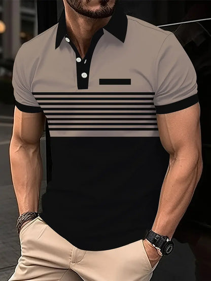 Herr Pikétröja - Randig Design - Slim Fit - Kortärmad Andas Komfort