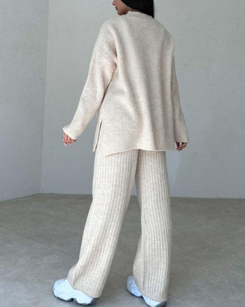 Dam Loungewear-Set - 3-delad Stickad - Kofta, Linne & Vida Byxor - Bekväm Passform