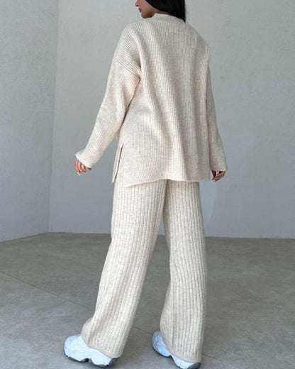 Dam Loungewear-Set - 3-delad Stickad - Kofta, Linne & Vida Byxor - Bekväm Passform