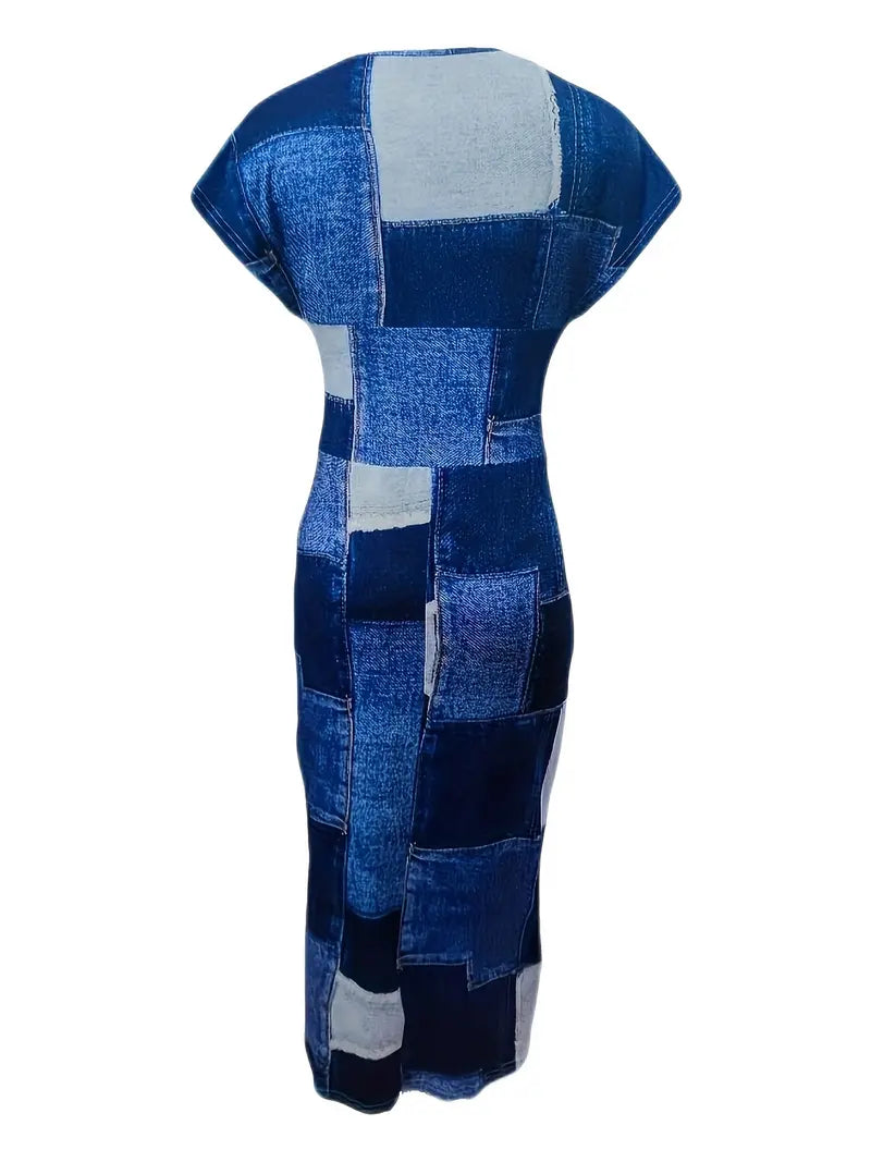 Damklänning - Figurnära Midi - V-ringning - Ärmlös Patchwork Denim Look