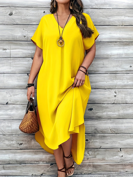 Damklänning - Lös Passform - V-ringning - Korta Ärmar - Asymmetrisk Fåll