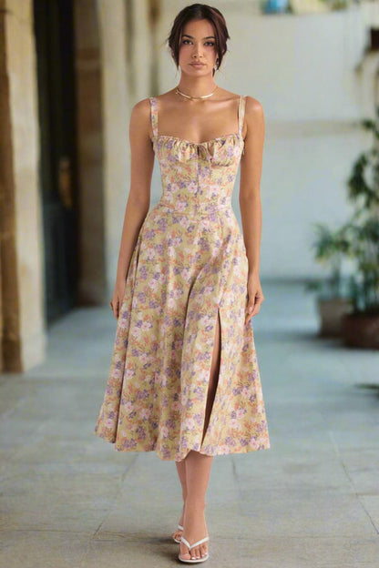 Klänning för dam - Vintage Stil - Midi Längd - Blommigt Mönster - Figurnära Liv & A-linje