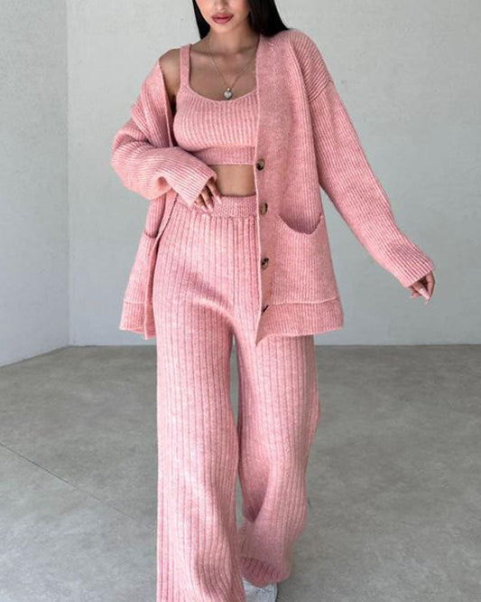 Dam Loungewear-Set - 3-delad Stickad - Kofta, Linne & Vida Byxor - Bekväm Passform