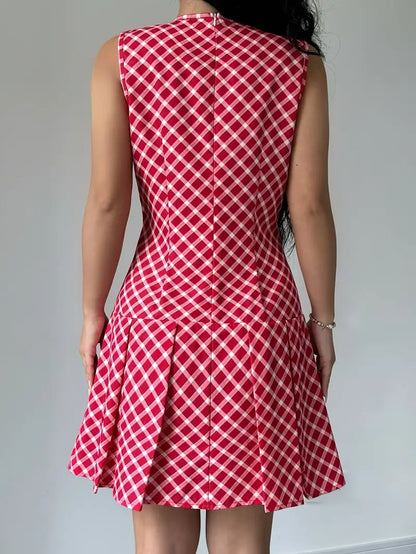 Damklänning - Ärmlös A-linje - Rutig - Rund hals - Figursydd Midja