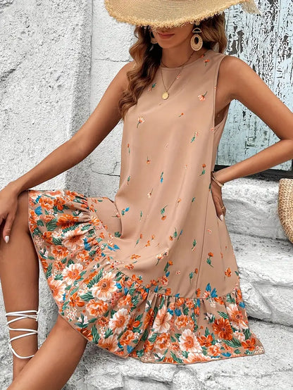 Damklänning – Ärmellös A-linje – Rynkad Volangkant – Blommigt Mönster – Lätt Material
