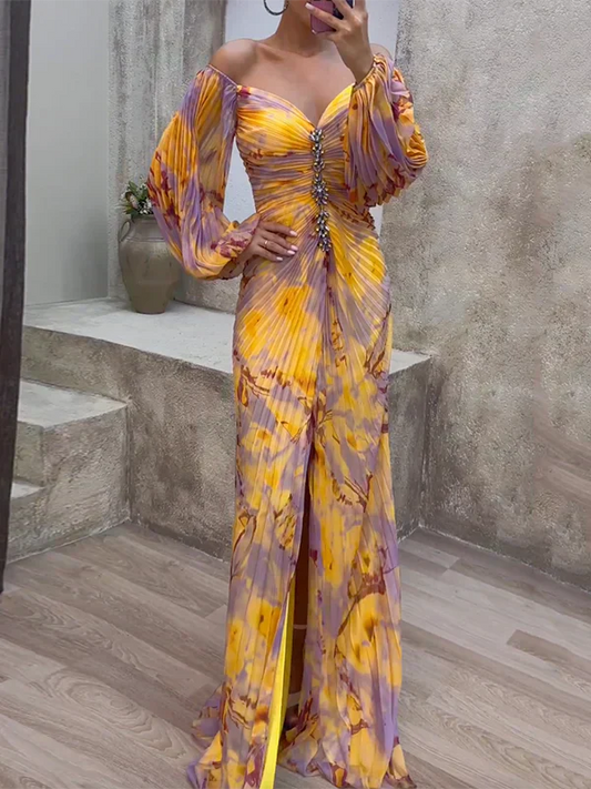 Klänning för dam – Off shoulder – V-ringning – Rynkad överdel – Lång – Flödande ärmar