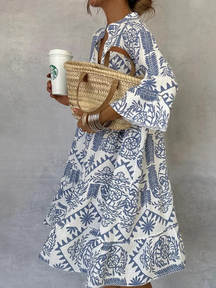 Damklänning – Miniklänning – V-ringning – 3/4-ärm – Avslappnad Passform – Luftigt Tyg