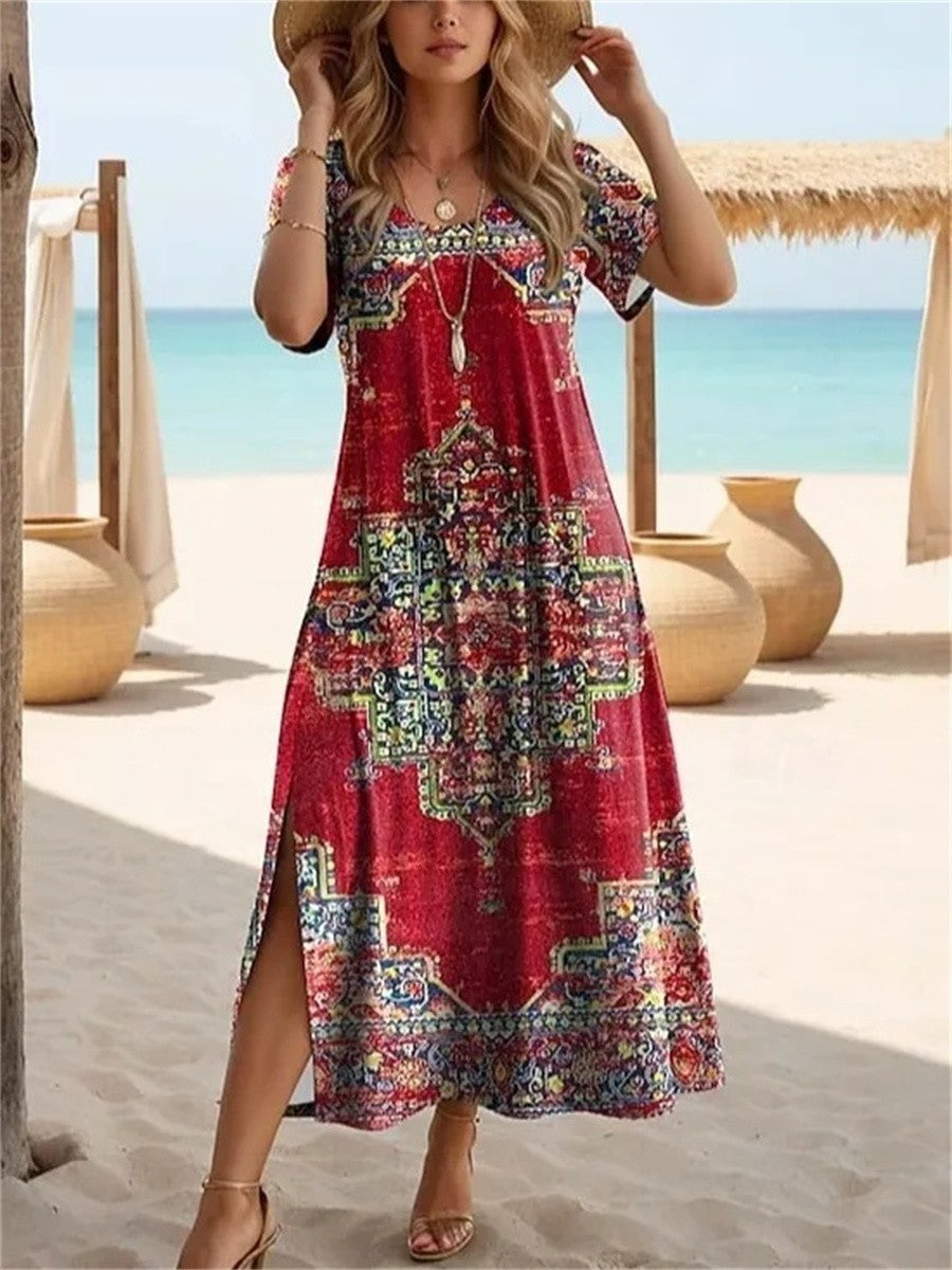 Damklänning midi – Avslappnad passform – Kortärmad – Andningsbar – Blommigt mönster